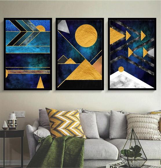 Kit 3 Quadros Decorativos Geométrico Azul Abstrato Moldura