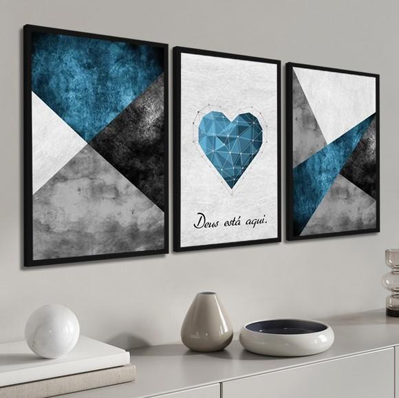 Kit 3 Quadros Decorativos Geométrico Azul Frases Com Moldura