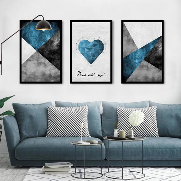 Kit 3 Quadros Decorativos Geométrico Azul Frases Com Moldura