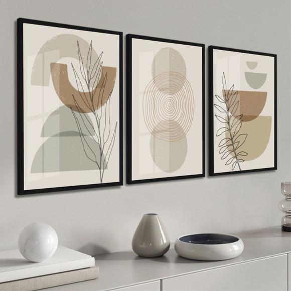 Kit 3 Quadros Decorativos Geométrico Boho Moldura e Vidro