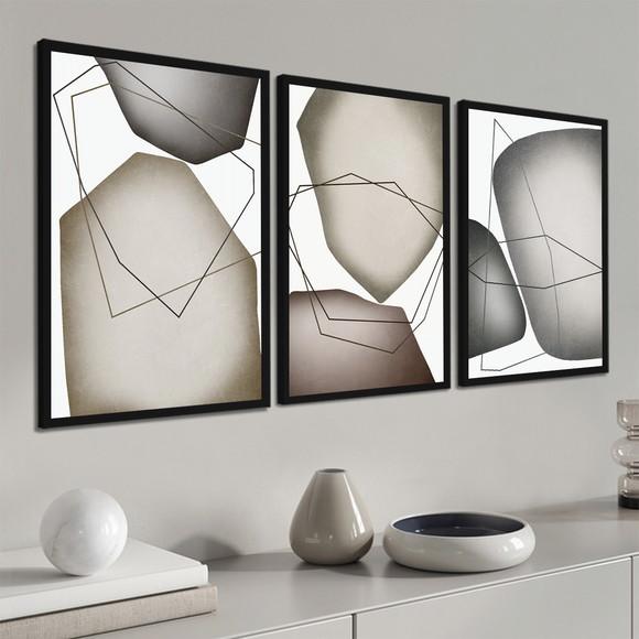 Kit 3 Quadros Decorativos Geométrico Cinza Moderno Moldura