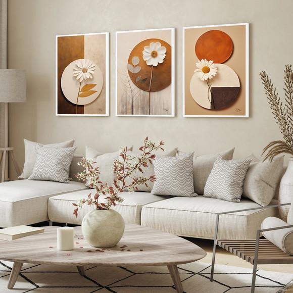 Kit 3 Quadros Decorativos Geométrico Flores Modernas Moldura