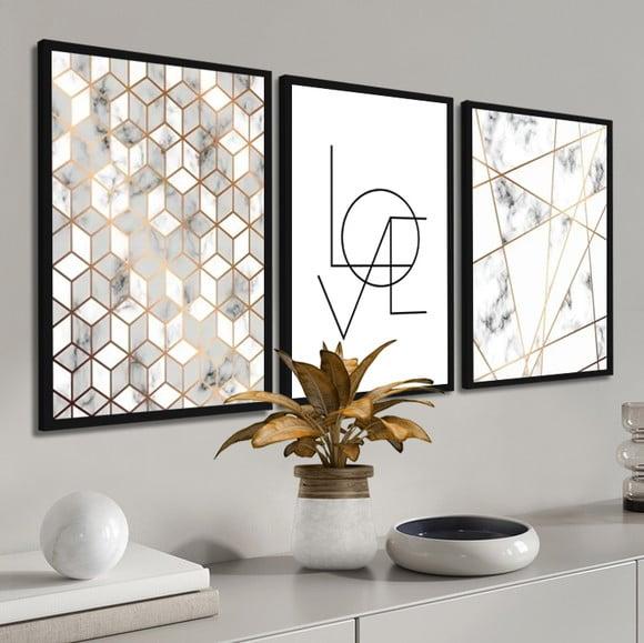 Kit 3 Quadros Decorativos Geométrico Love Mármore Molduras