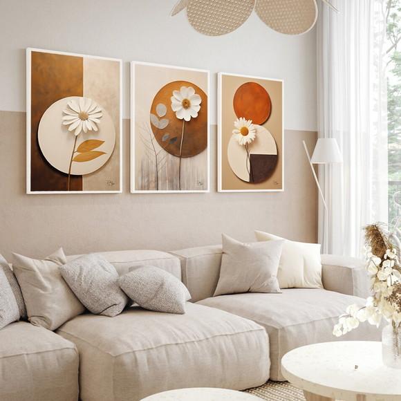Kit 3 Quadros Decorativos Geométrico Flores Modernas Moldura