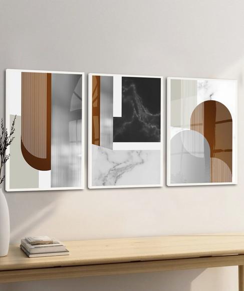 Kit 3 Quadros Decorativos Geométrico Marrom Moldura e Vidro