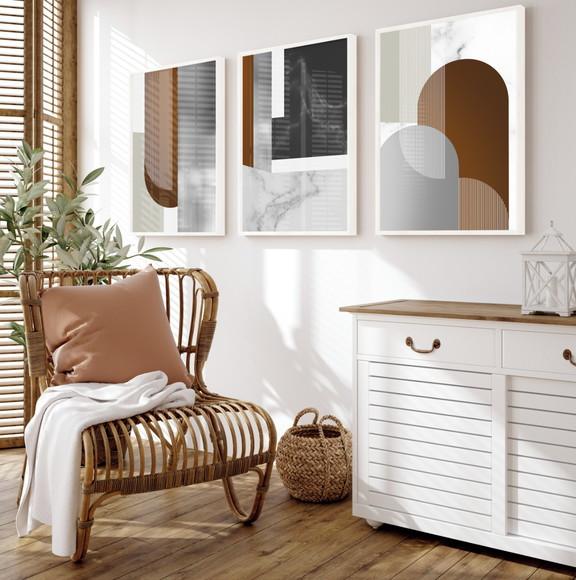 Kit 3 Quadros Decorativos Geométrico Marrom Moldura e Vidro