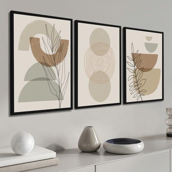 Kit 3 Quadros Decorativos Geométrico Moderno Boho Moldura