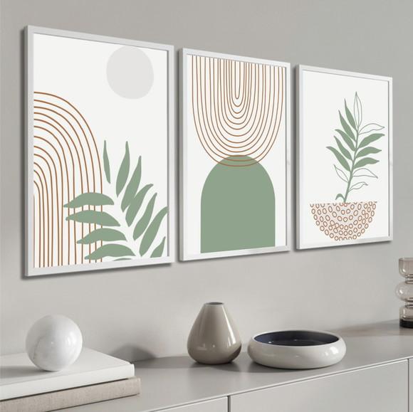 Kit 3 Quadros Decorativos Geométrico Moderno Folhas Moldura