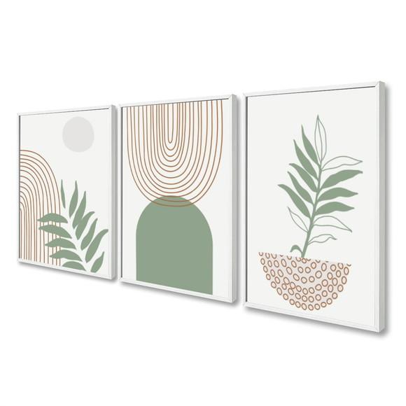 Kit 3 Quadros Decorativos Geométrico Moderno Folhas Moldura