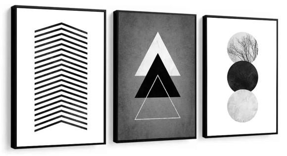 Kit 3 Quadros Decorativos Geométrico Preto e Branco Moldura