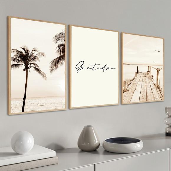 Kit 3 Quadros Decorativos Gratidão Mar Paisagem Boho Moldura