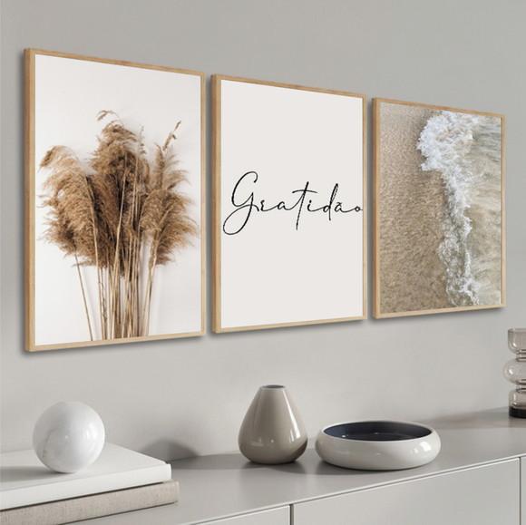 Kit 3 Quadros Decorativos Gratidão Praia Mar Boho Moldura