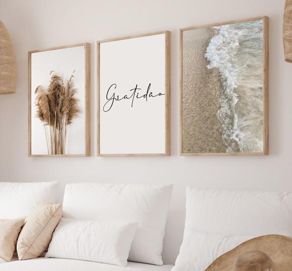 Kit 3 Quadros Decorativos Gratidão Praia Mar Boho Moldura
