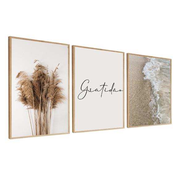 Kit 3 Quadros Decorativos Gratidão Praia Mar Boho Moldura