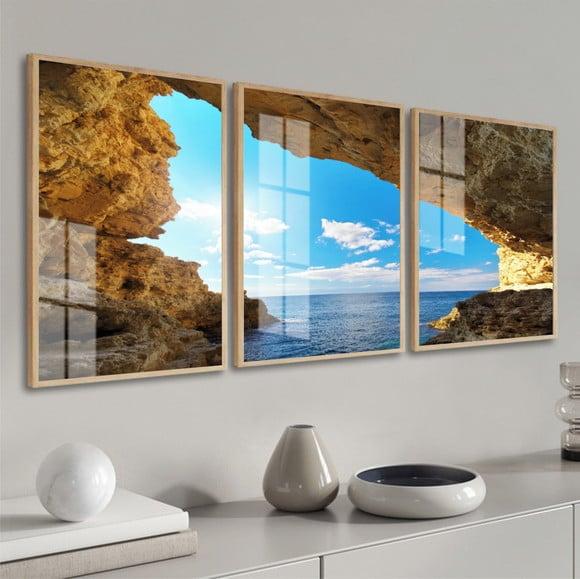 Kit 3 Quadros Decorativos Gruta Mar Paisagem Moldura e Vidro