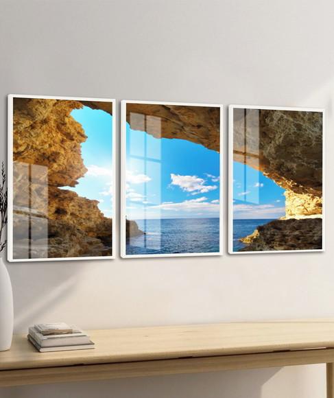 Kit 3 Quadros Decorativos Gruta Paisagem Mar Moldura e Vidro