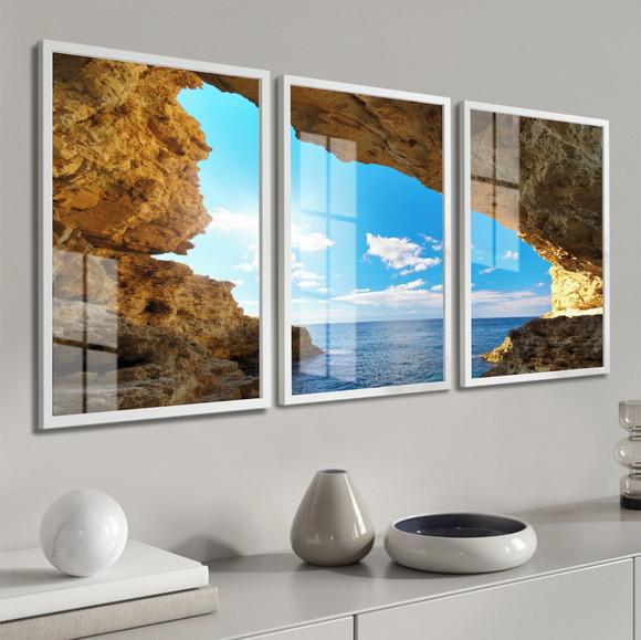 Kit 3 Quadros Decorativos Gruta Paisagem Mar Moldura e Vidro