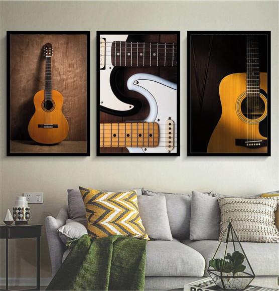 Kit 3 Quadros Decorativos Guitarra Violão para Quarto e Sala