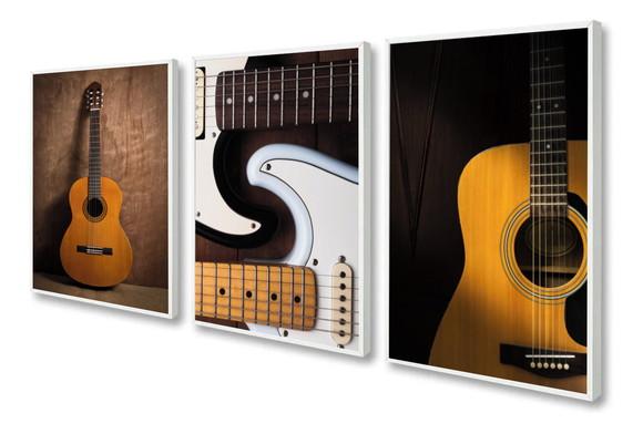 Kit 3 Quadros Decorativos Guitarra Violão Para Quarto Sala