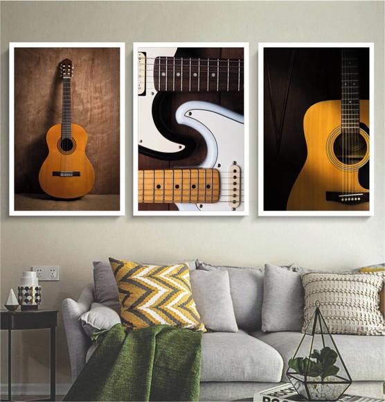 Kit 3 Quadros Decorativos Guitarra Violão Para Quarto Sala