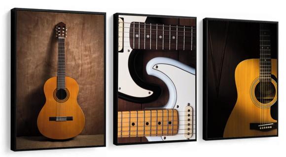 Kit 3 Quadros Decorativos Guitarra Violão para Quarto e Sala