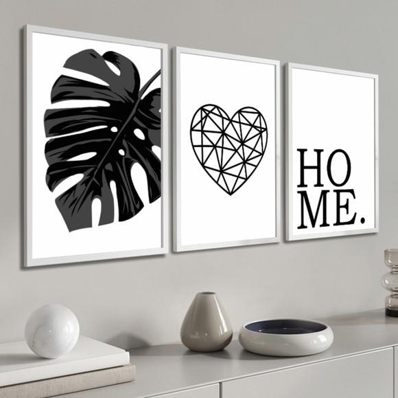Kit 3 Quadros Decorativos Home Folhagem Coração Com Moldura