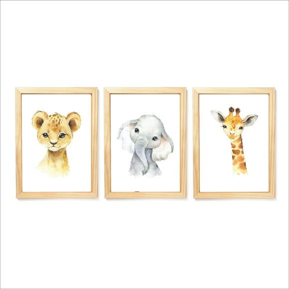 Kit 3 Quadros Decorativos infantil Animais Moldura e Vidro