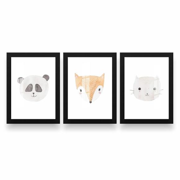 Kit 3 Quadros Decorativos Infantil Animais Moldura e Vidro