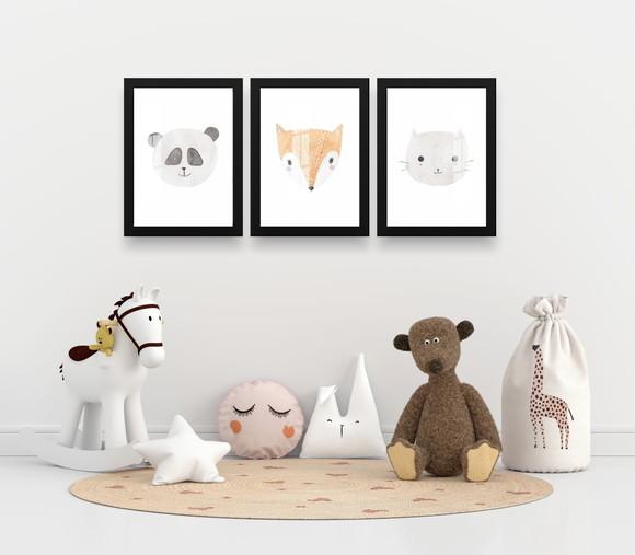 Kit 3 Quadros Decorativos Infantil Animais Moldura e Vidro