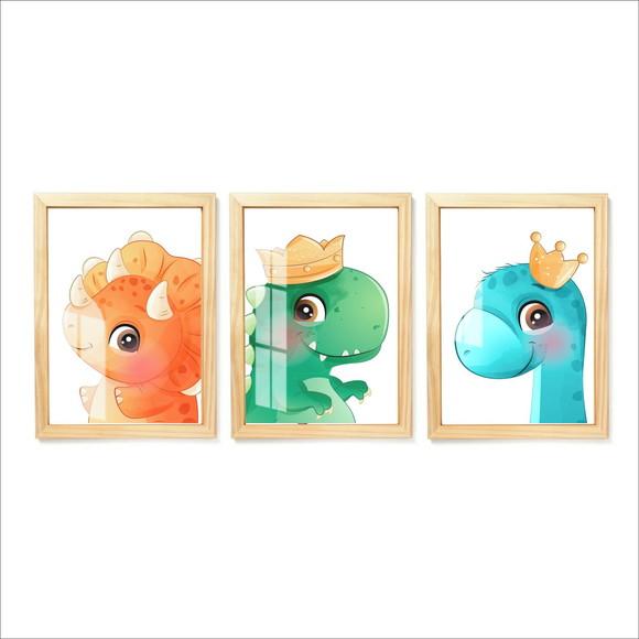 Kit 3 Quadros Decorativos Infantil Dinossauros Moldura Vidro