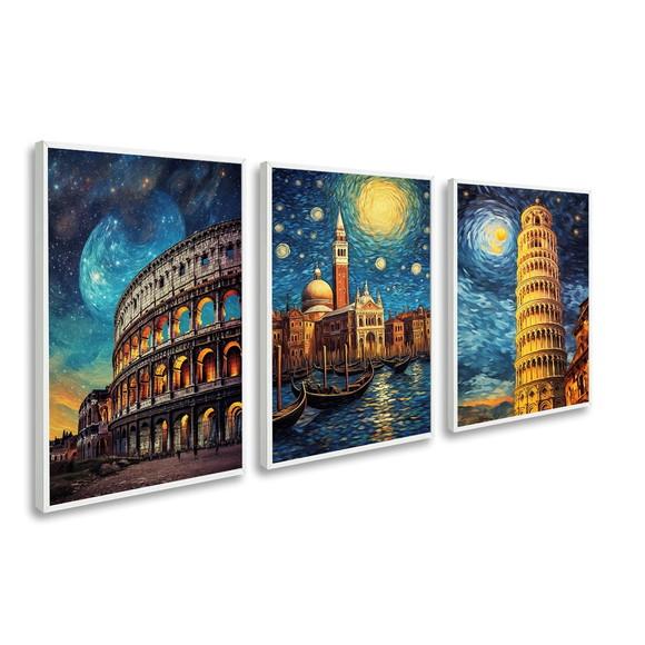Kit 3 Quadros Decorativos Itália Roma Coliseu Veneza Moldura