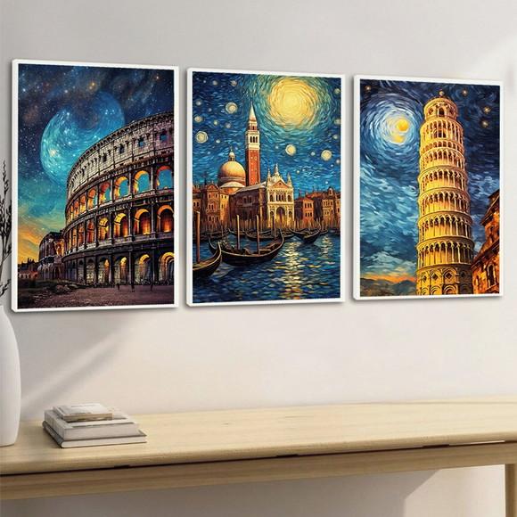 Kit 3 Quadros Decorativos Itália Roma Coliseu Veneza Moldura