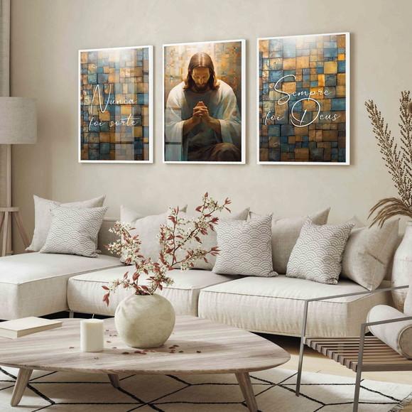 Kit 3 Quadros Decorativos Jesus Cristo Frases Moldura Vidro