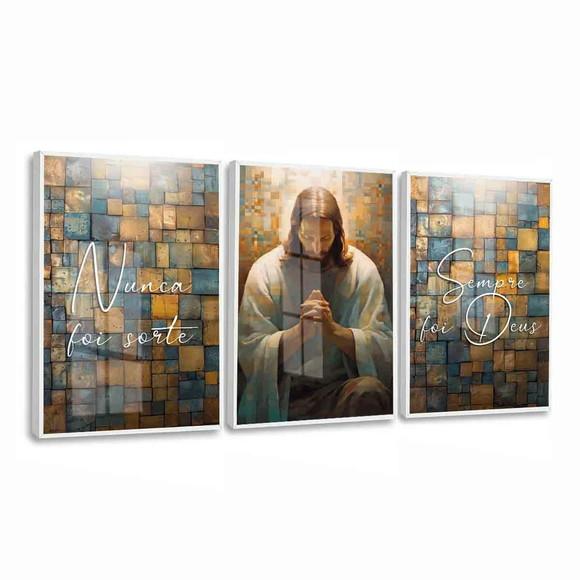Kit 3 Quadros Decorativos Jesus Cristo Frases Moldura Vidro