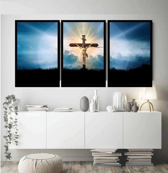 Kit 3 Quadros Decorativos Jesus Cristo Para Sala Com Moldura
