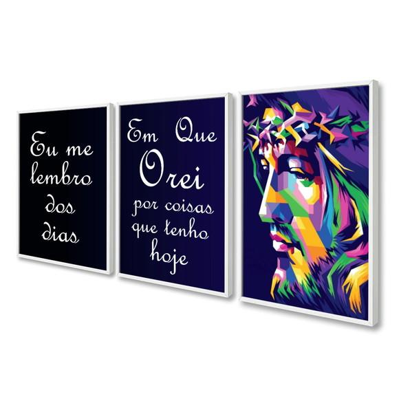 Kit 3 Quadros Decorativos Jesus Cristo Oração com Moldura