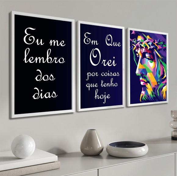 Kit 3 Quadros Decorativos Jesus Cristo Oração com Moldura