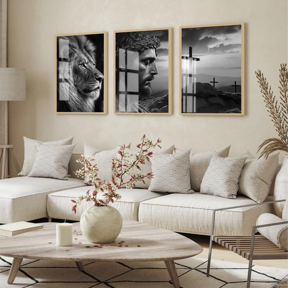 Kit 3 Quadros Decorativos Jesus Cristo Rosto Leão com Vidro