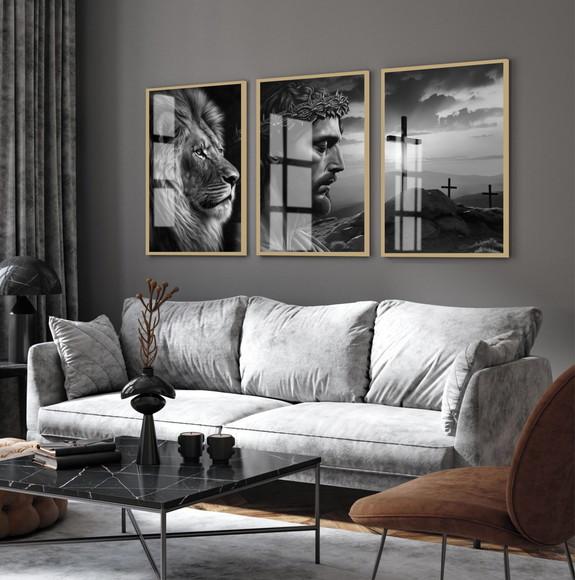 Kit 3 Quadros Decorativos Jesus Cristo Rosto Leão com Vidro