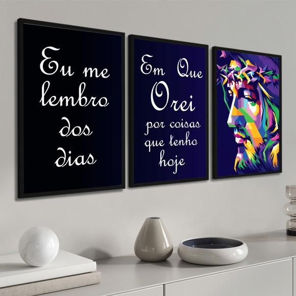 Kit 3 Quadros Decorativos Jesus de Nazaré Oração com Moldura