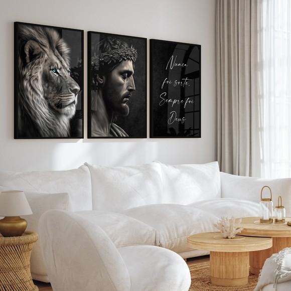 Kit 3 Quadros Decorativos Jesus Leão de Judá Moldura e Vidro