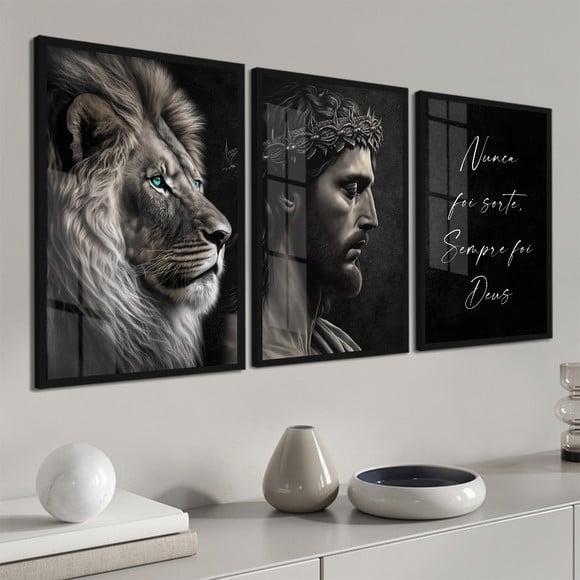 Kit 3 Quadros Decorativos Jesus Leão de Judá Moldura e Vidro