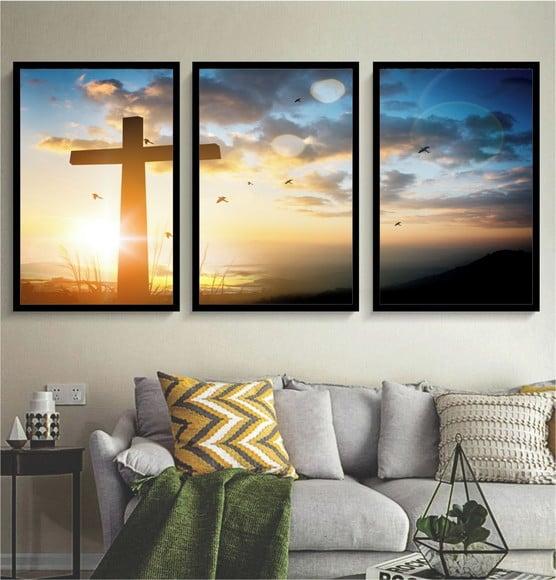 Kit 3 Quadros Decorativos Jesus Para Sala Quarto Com Moldura