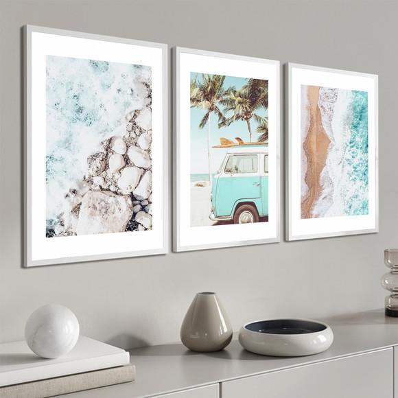 Kit 3 Quadros Decorativos Kombi Mar Paisagem Moderno Moldura
