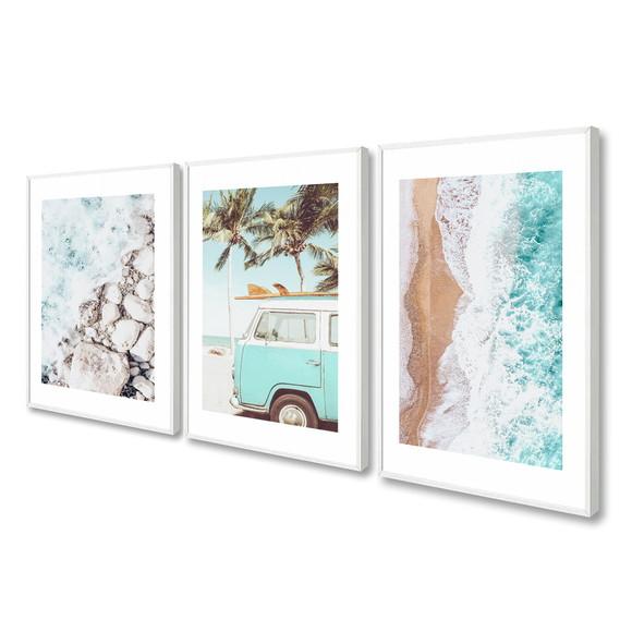 Kit 3 Quadros Decorativos Kombi Mar Paisagem Moderno Moldura