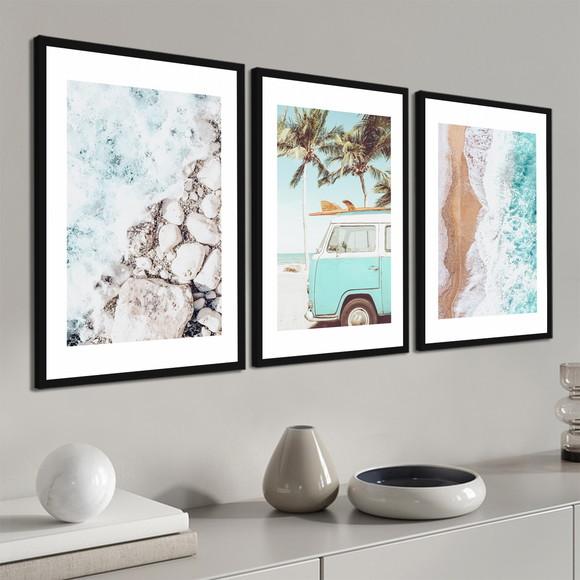 Kit 3 Quadros Decorativos Kombi Paisagem Mar com Moldura