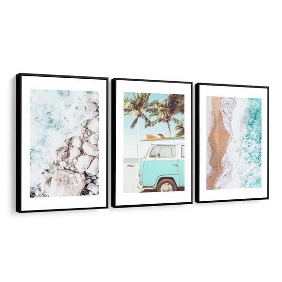 Kit 3 Quadros Decorativos Kombi Paisagem Mar com Moldura