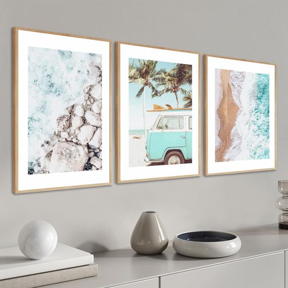 Kit 3 Quadros Decorativos Kombi Paisagem Mar Moderno Moldura