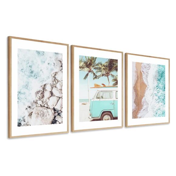 Kit 3 Quadros Decorativos Kombi Paisagem Mar Moderno Moldura