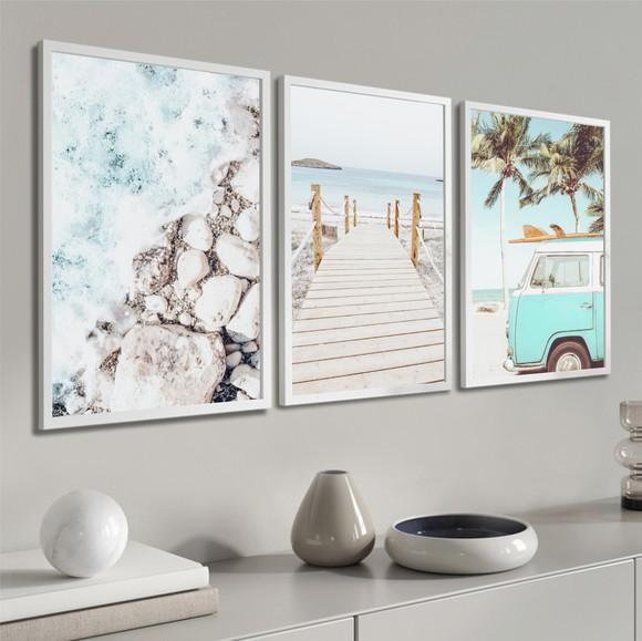 Kit 3 Quadros Decorativos Kombi Praia Mar Paisagem Moldura